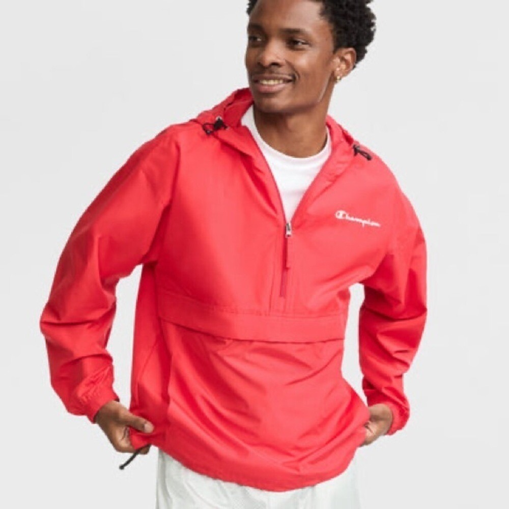 Champion Windbreaker Jacket Kids Large Red Excellent Half Zip Hooded Packable